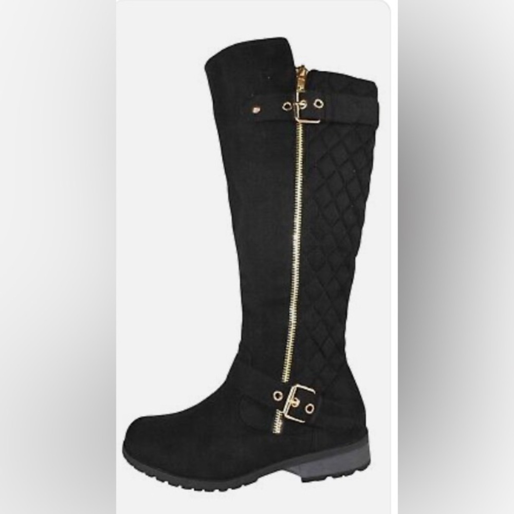 FOREVER Link Mango-23 Suede Knee High Side Zip Riding Boots Black/Gold SZ 7-1/2 - Picture 4 of 11